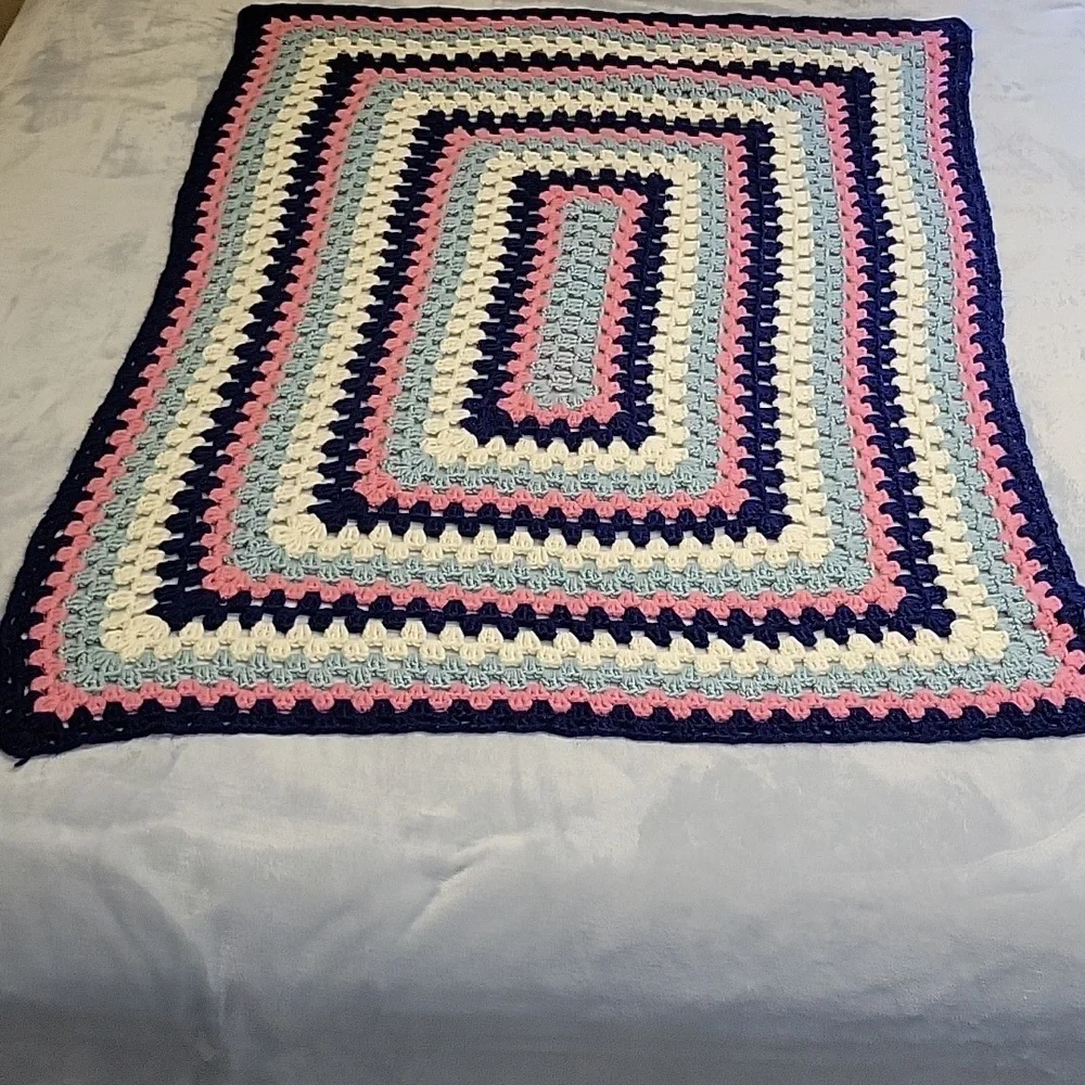Handmade Crochet Blanket in Pink, Blue, Sage, and Cream, 49